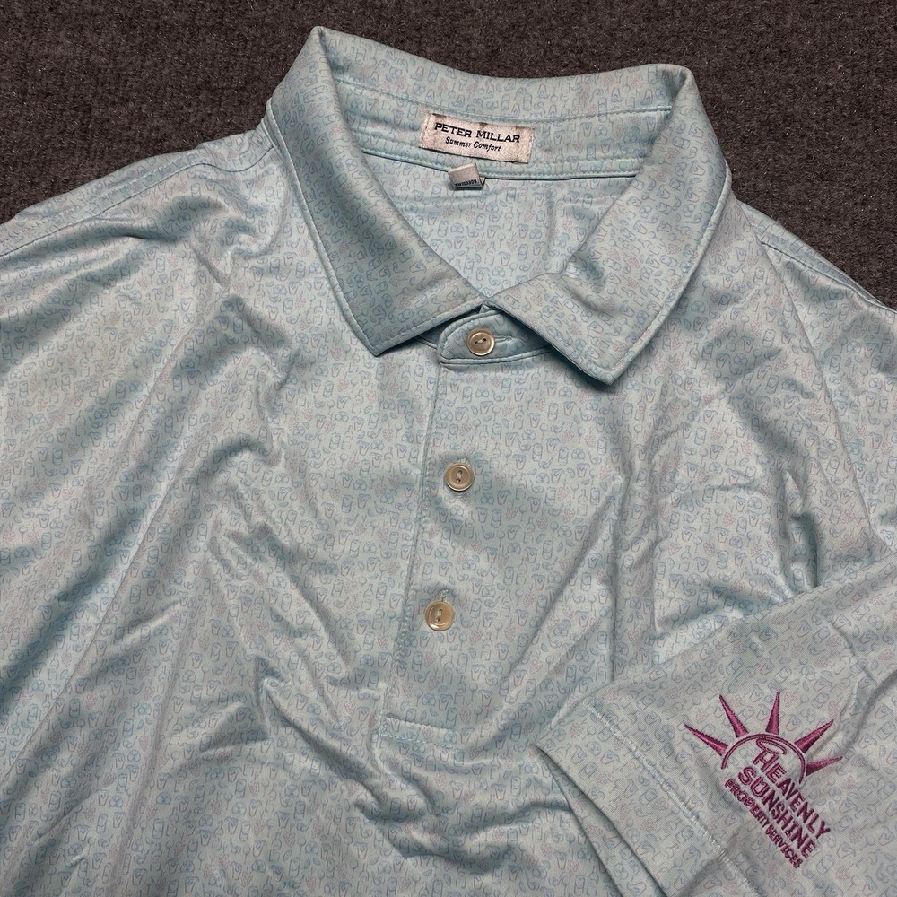 Peter Millar Sumer Comfort Shirt Mens XL Teal Green Martini AOP *Business Logo*